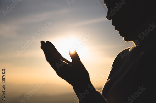 Christian Religion concept background, Human hands open palm up worship. Remembering God and gratitude, Prayer to Go. Christian Religion concept background.