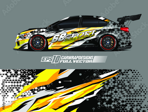 Drift car graphic livery design vector. Graphic abstract stripe racing background designs for wrap cargo van, race car, pickup truck, adventure vehicle. Eps 10