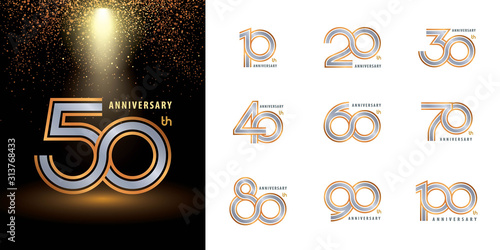 Set of Anniversary logotype design, Celebrating Anniversary Logo multiple line silver and golden