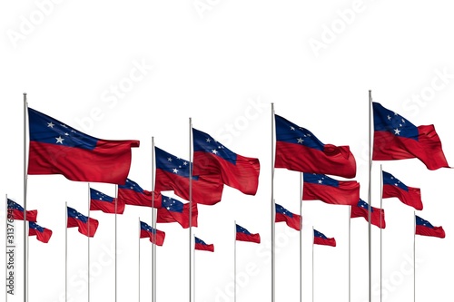 wonderful any occasion flag 3d illustration. - many Samoa flags in a row isolated on white with free place for text