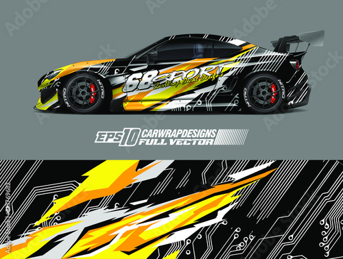 Drift car graphic livery design vector. Graphic abstract stripe racing background designs for wrap cargo van, race car, pickup truck, adventure vehicle. Eps 10