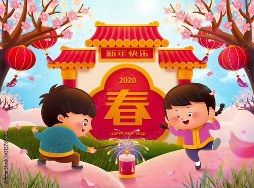 Cute children lighting firecrackers