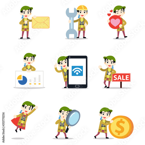 Set of character bird watcher man in collecting information.