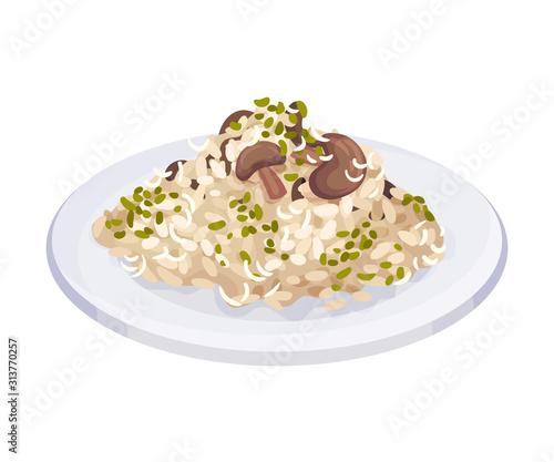 Mushroom Risotto, Traditional Italian Cuisine Food Dish Vector Illustration