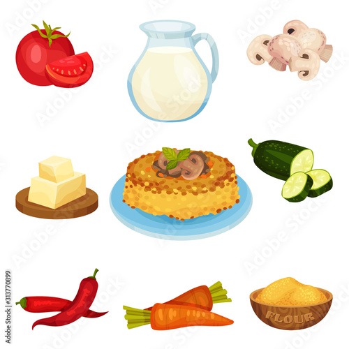 Polenta, Traditional Italian Cuisine Food Vegetarian Dish witn Ingredients Vector Illustration