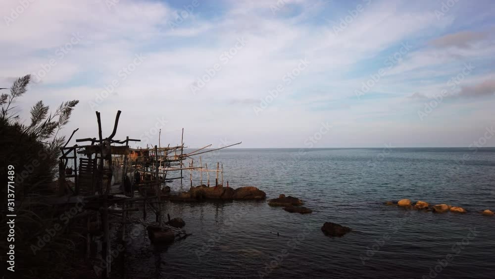 Picturesque view of Trabocchi Coast with ripple sea and cloudy sky, Static Picturesque view of Trabocchi Coast with ripple sea and cloudy sky, Static