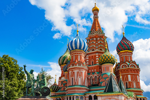 Moscow. Russia. St. Basil's Cathedral. Red Square. Cathedral near the Kremlin. St. Basil's Cathedral close-up. Moscow on a summer day. Cities of Russia. Traveling in Russia. Russian Federation