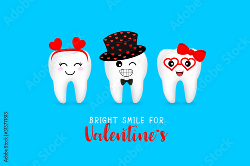 Cute cartoon tooth character with heart. Bright smile for Valentine's concept. Illustration isolated on blue background.