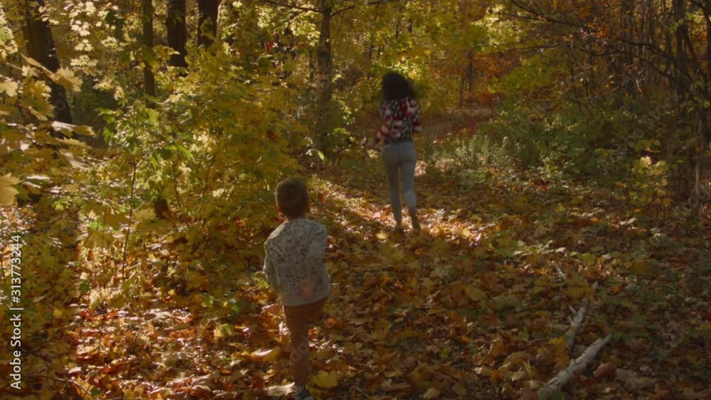 Young Caucasian woman with a child playing a ball in the autumn forest. Recorded in Raw on Blackmagic camera. Young Caucasian woman with a child playing a ball in the autumn forest. Recorded in Raw on Blackmagic camera.