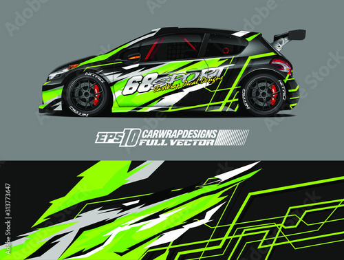 Drift car graphic livery design vector. Graphic abstract stripe racing background designs for wrap cargo van, race car, pickup truck, adventure vehicle. Eps 10