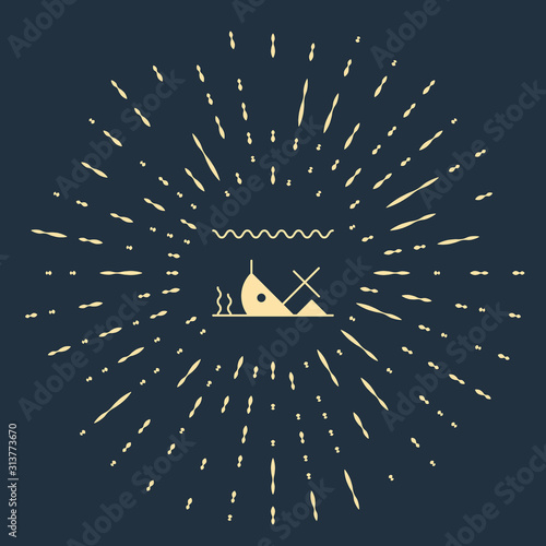 Beige Sunken ship at the bottom of the sea icon isolated on blue background. Abstract circle random dots. Vector Illustration