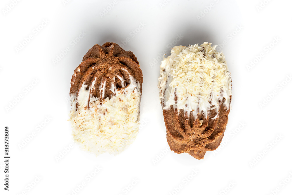 Chocolate shortbread cookies with coconut isolated on white background. Chocolate shortbread cookies with coconut isolated on white background.