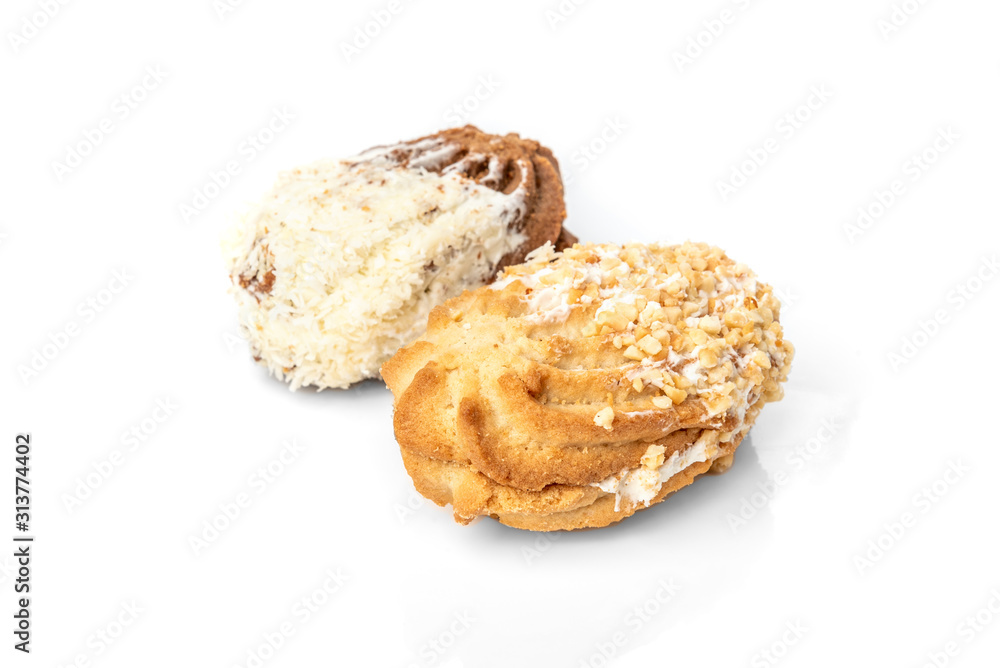 Shortbread cookies with peanut and coconut isolated on white background. Shortbread cookies with peanut and coconut isolated on white background.