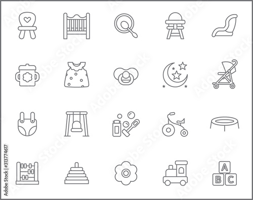 Set of baby and childhood Icons line style. Included the icons as diapers, clothes, toy, bicycle, plaything, nappy, stroller and more. customize color, stroke width control , easy resize.