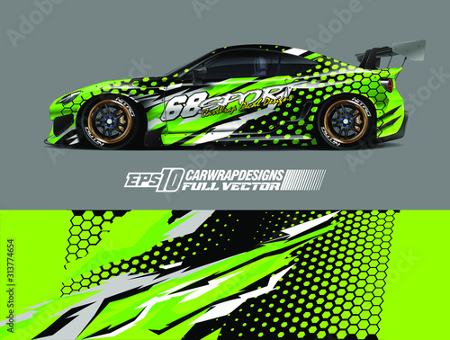 Drift car graphic livery design vector. Graphic abstract stripe racing background designs for wrap cargo van, race car, pickup truck, adventure vehicle. Eps 10