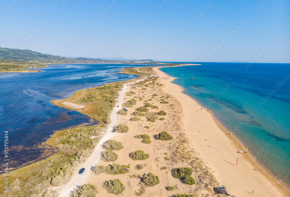 Aerial drone view of Halikounas Beach and Lake Korission, Corfu island, Ionian Sea, Greece