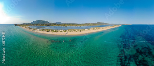 Aerial drone view of Halikounas Beach and Lake Korission, Corfu island, Ionian Sea, Greece © Simon Dannhauer