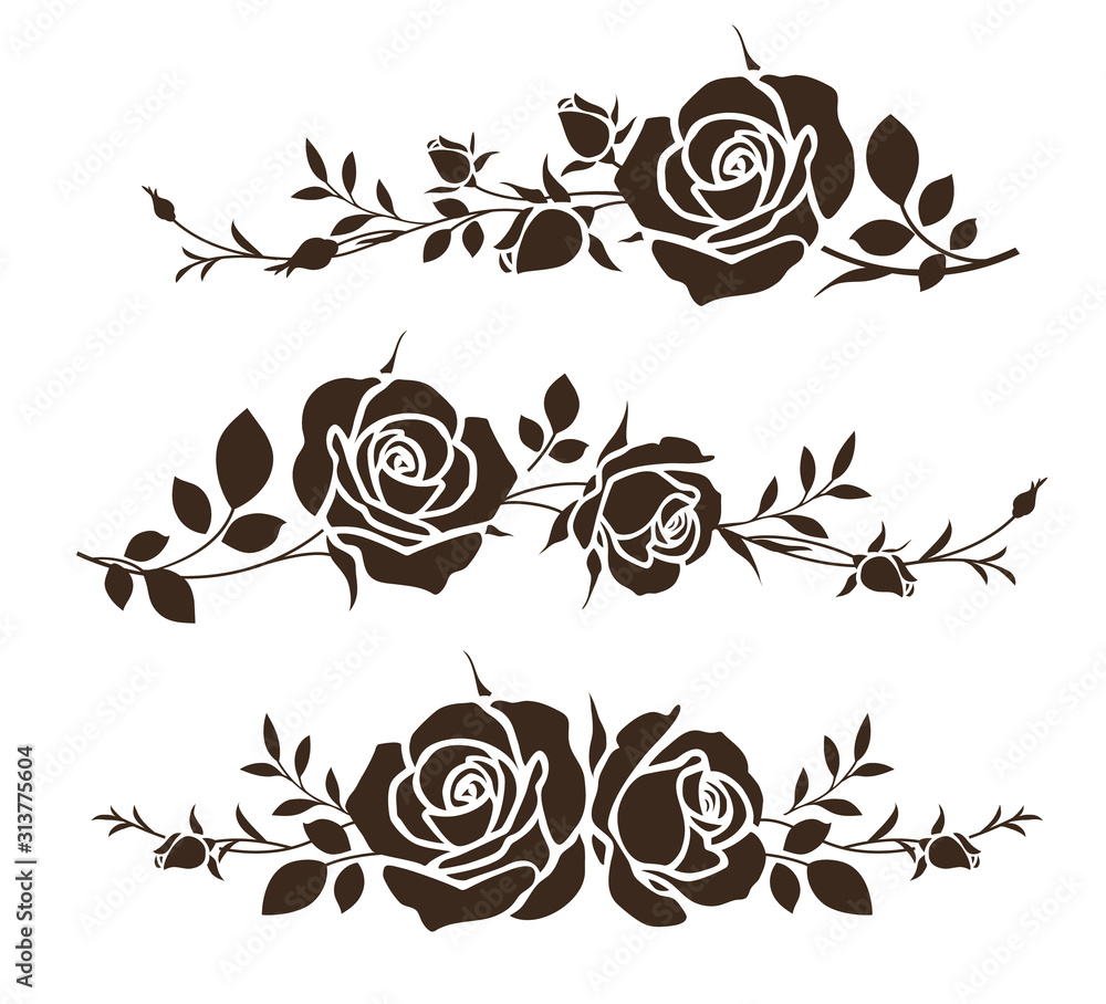 Decorative ornament with roses. Flower silhouette for wedding card design. Vector illustration - obrazy, fototapety, plakaty 