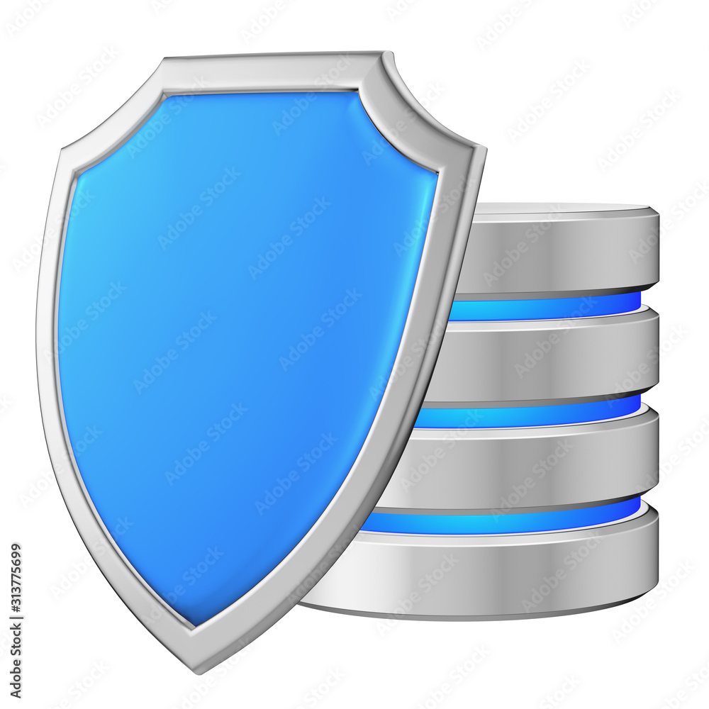 Data base behind metal blue shield on left data protection conce Data base behind metal blue shield on left data protection conce