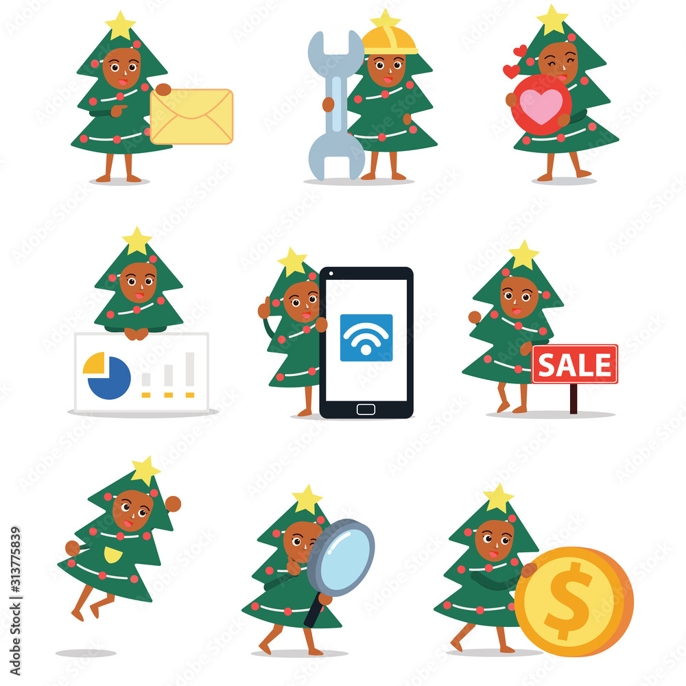 Naklejka premium Set of character woman wearing Christmas tree costume.