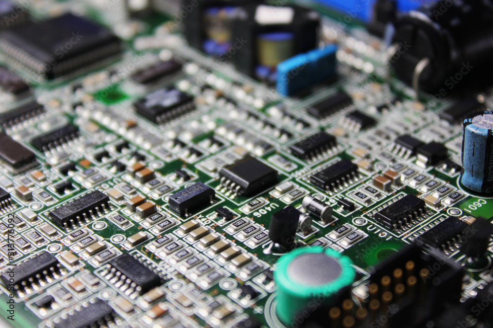 Closeup of electronic circuit board or PCB printed circuit board