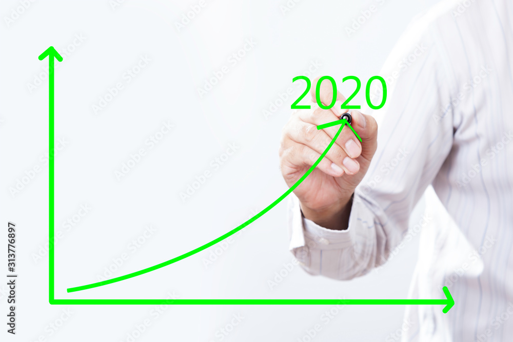 Fototapeta premium 2020 Text With Businessman Hand Point On Virtual Graph Green line.
