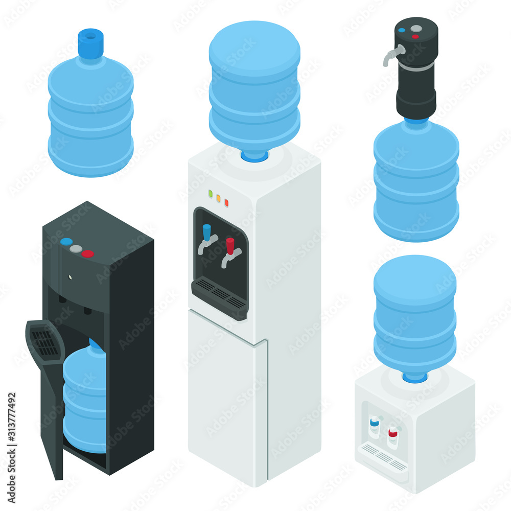 Cooler water icons set. Isometric set of cooler water vector icons for web design isolated on white background Cooler water icons set. Isometric set of cooler water vector icons for web design isolated on white background