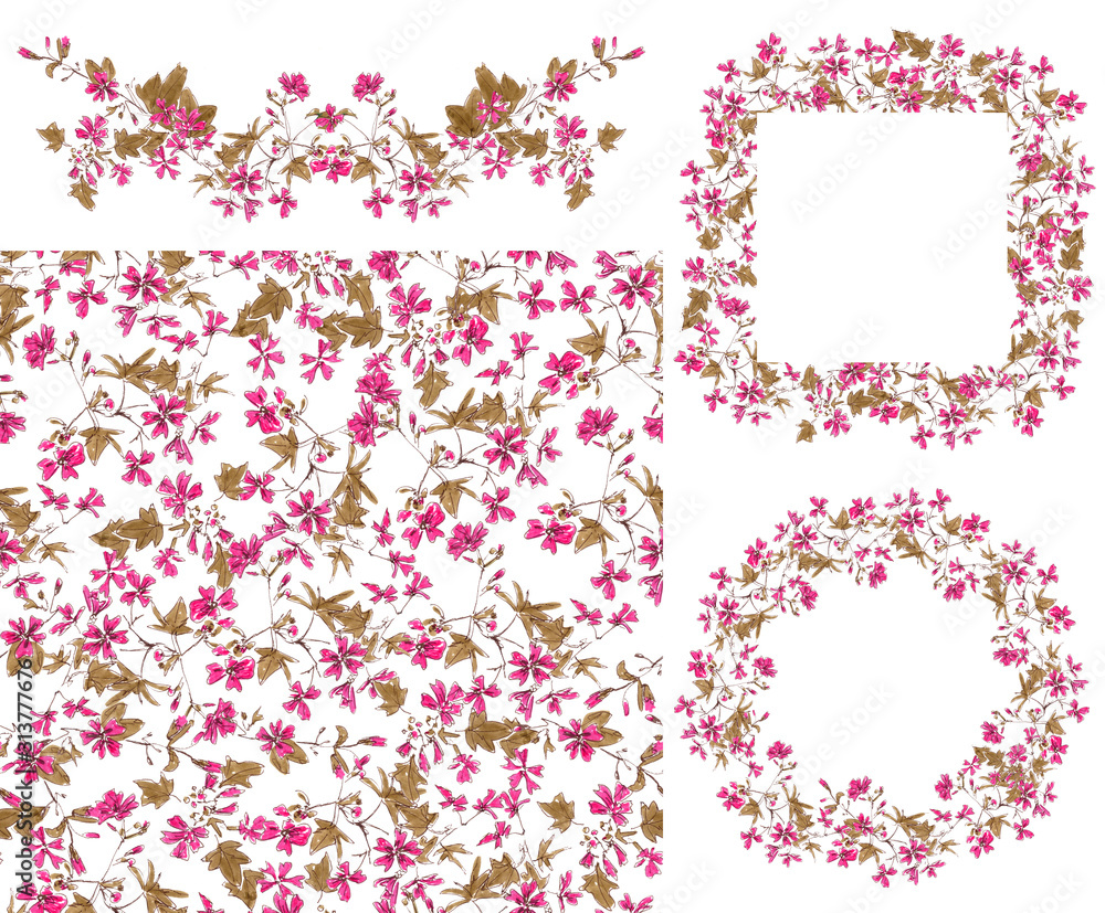set of elements from drawing blooming pink wild Malva silvestris - seamless pattern, frame, wreath and horizontal element