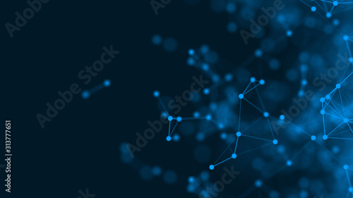 3D rendering abstract futuristic with connection glowing lines and particle on dark blue background, Science, Business, Comunication, Technology concept. Plexus structure. Modern Illustration. Sci Fi