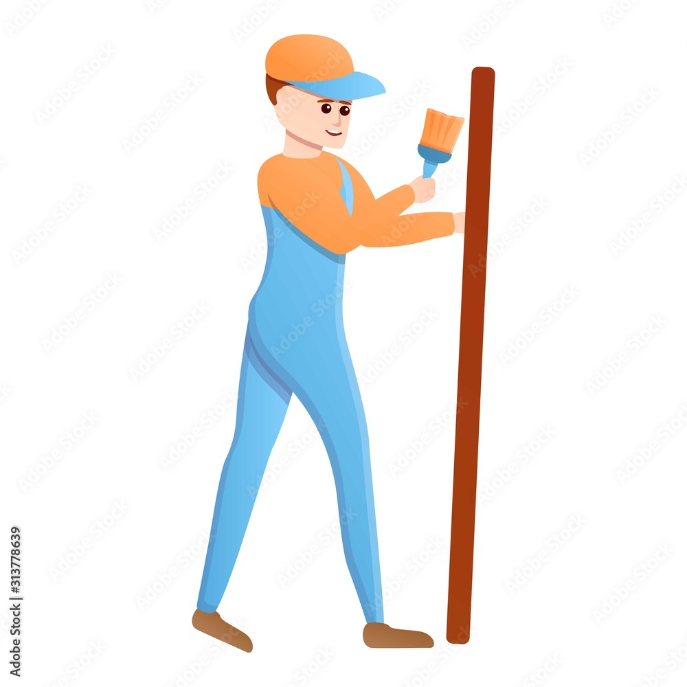 Builder is painting a board icon. Cartoon of builder is painting a board vector icon for web design isolated on white background Builder is painting a board icon. Cartoon of builder is painting a board vector icon for web design isolated on white background