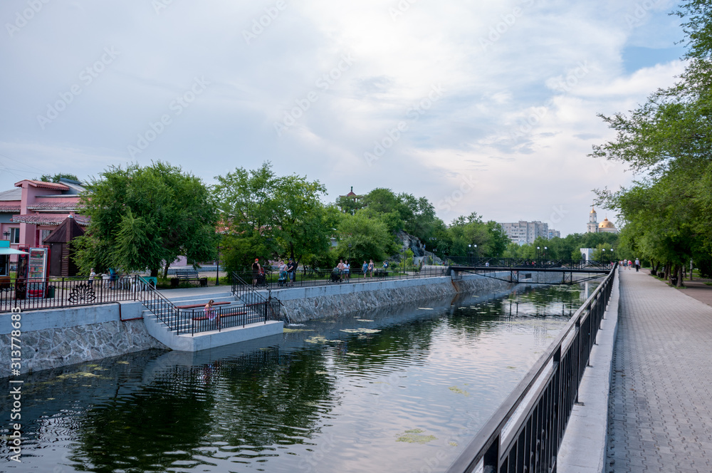 Russia, Blagoveshchensk, July 2019: river pond in friendship Park in Blagoveshchensk in summer