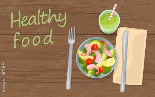 Salad and smoothie top view banner template. Healthy vegan food breakfast. Green fruit and vegetable bowl. Fitness diet ration fresh vegetarian flat lay vector illustration