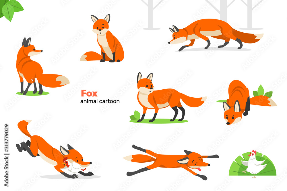 Fox. Animal cartoon. Set of cute cartoon foxes in modern simple flat style.  Isolated vector illustration Stock Vector | Adobe Stock