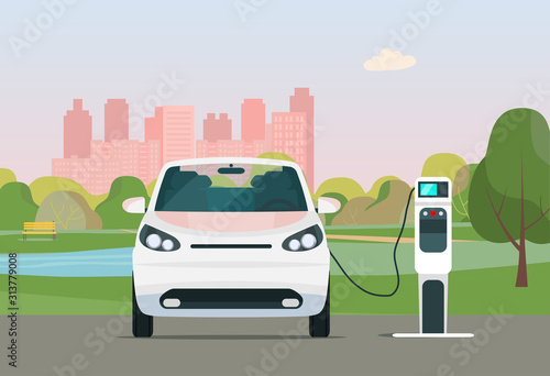 Electric car in a city. Electric car is charging, front view. Vector flat style illustration.