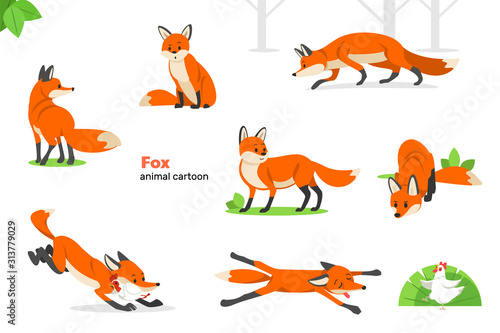 Fox. Animal cartoon. Set of cute cartoon foxes in modern simple flat style. Isolated vector illustration