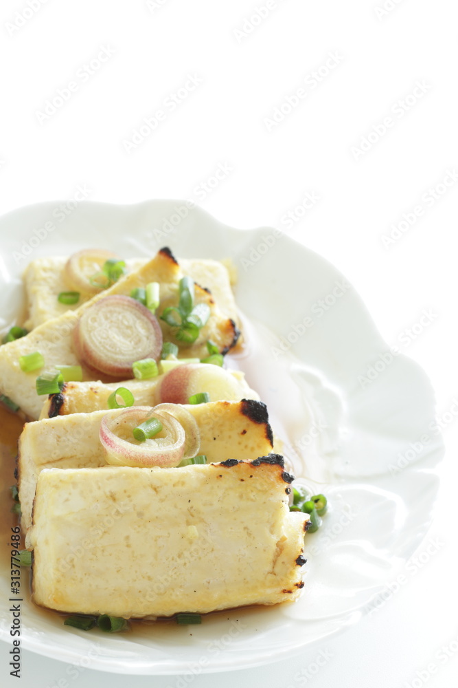 Pan fried tofu and scallion with soy sauce for healthy food image Pan fried tofu and scallion with soy sauce for healthy food image