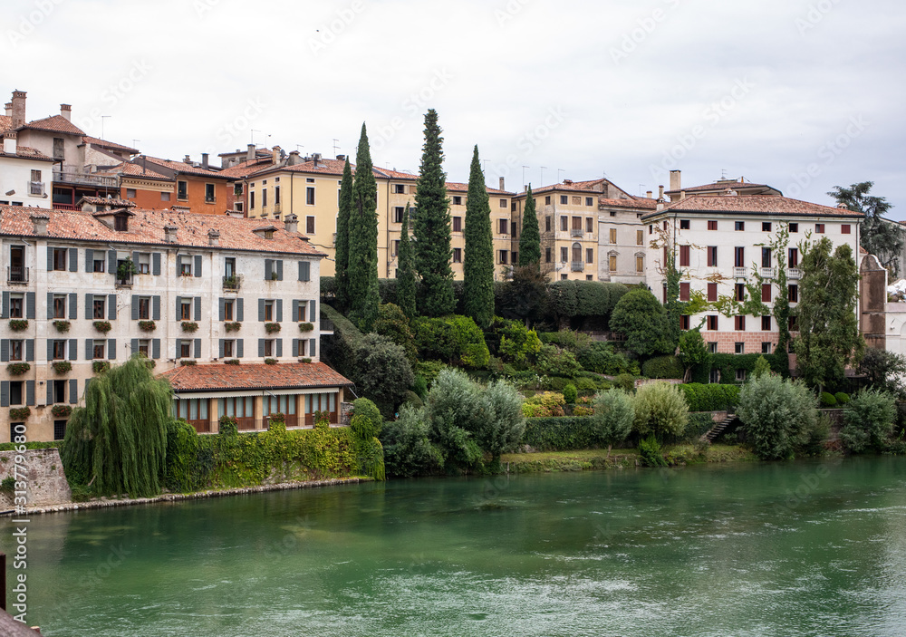  Colorful Houses and Brenta river in Bassano del Grappa. Italy