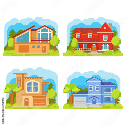 Set classical suburban american houses. Family home. Townhouse building apartment. Home facade with garage. Flat vector. Rural housing village.