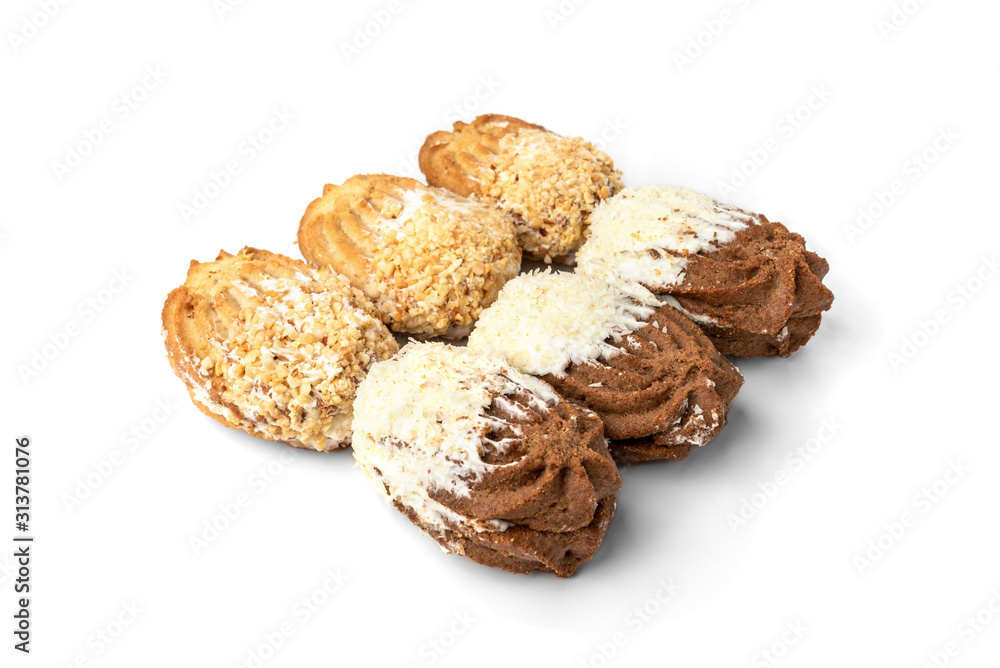 Shortbread cookies with peanut and coconut isolated on white background. Shortbread cookies with peanut and coconut isolated on white background.