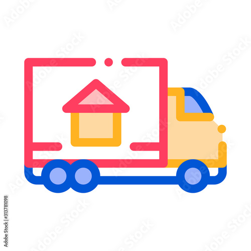 Cargo Truck Delivery To House Vector Sign Icon Thin Line. House Building Image On Transportation Autotruck Carosserie Linear Pictogram. Rent Or Buy Apartment Garage Contour Illustration