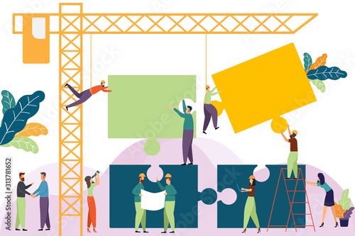 Template with construction tower crane made Jigsaw same business team. business people and engineering working. Business teamwork and relationship leader. Entrepreneur. concept vector illustration