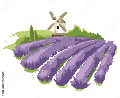 Abstract landscape -- lavender field and windmill / Vector illustration, wheat fields and meadows