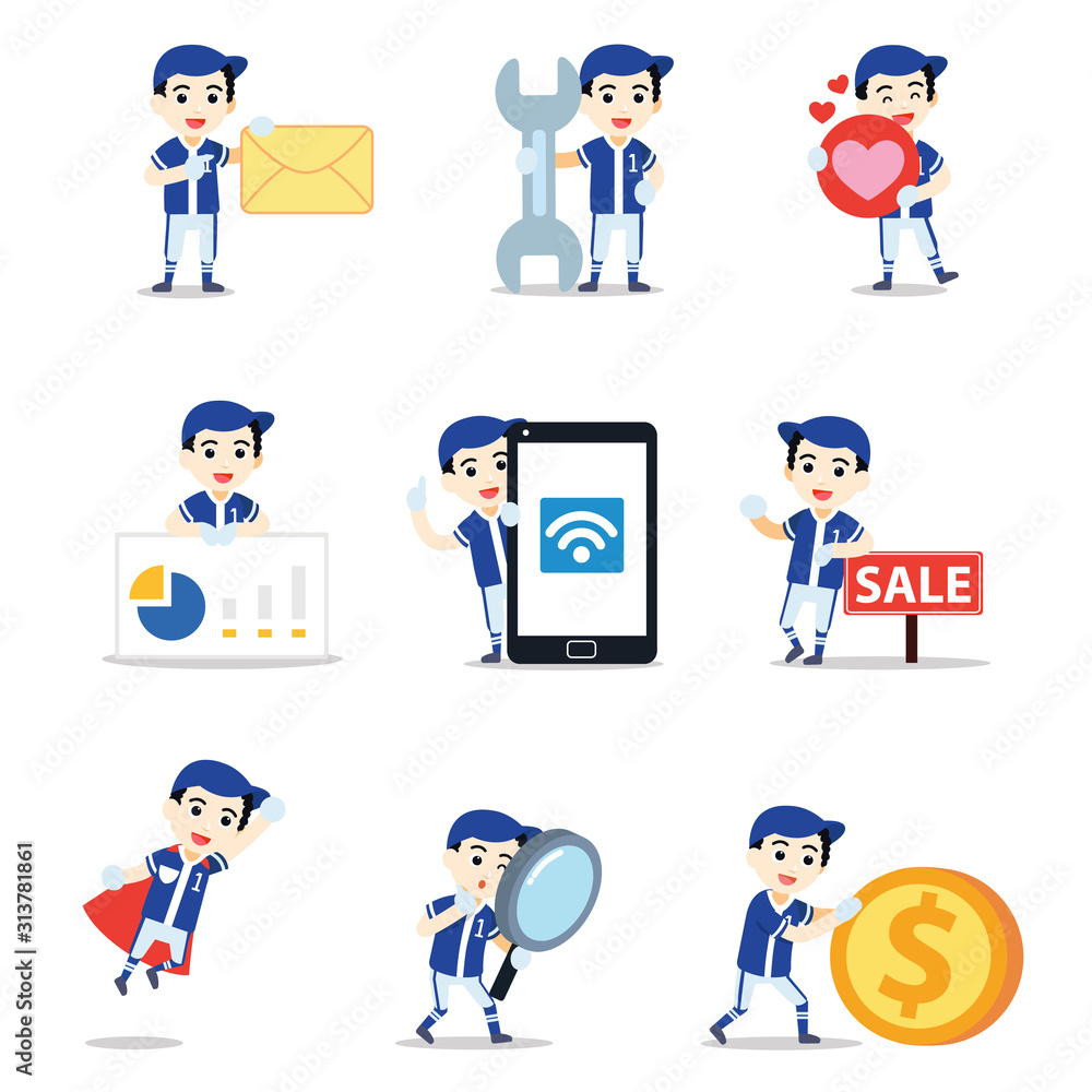 Set character of male baseball player in sports uniform. Set character of male baseball player in sports uniform.