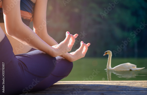 Fototapeta Naklejka Na Ścianę i Meble -  Yoga Style of gesturing fingers of both women practice yoga in lake at morning sunrise, with wild and nature swans swimming in the lake beside