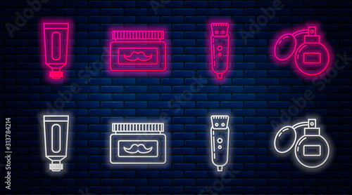 Set line Cream or lotion cosmetic jar, Electrical hair clipper or shaver, Cream or lotion cosmetic tube and Aftershave. Glowing neon icon on brick wall. Vector