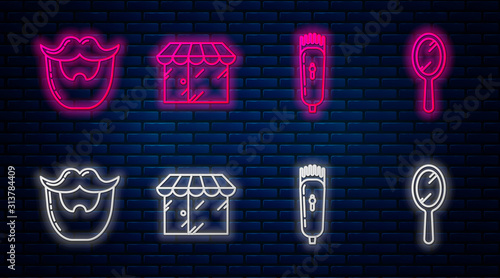 Set line Barbershop building, Electrical hair clipper or shaver, Mustache and beard and Hand mirror. Glowing neon icon on brick wall. Vector