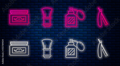 Set line Shaving brush, Aftershave, Cream or lotion cosmetic jar and Straight razor. Glowing neon icon on brick wall. Vector