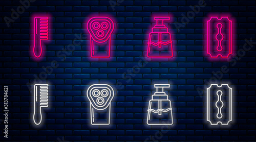 Set line Electrical hair clipper or shaver, Aftershave, Hairbrush and Blade razor. Glowing neon icon on brick wall. Vector