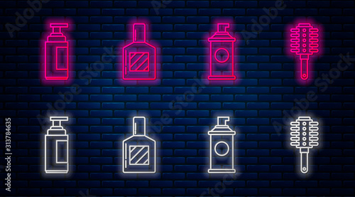 Set line Aftershave, Shaving gel foam, Cream or lotion cosmetic tube and Hairbrush. Glowing neon icon on brick wall. Vector
