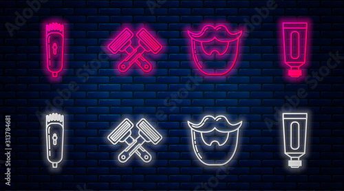 Set line Crossed shaving razor, Mustache and beard, Electrical hair clipper or shaver and Cream or lotion cosmetic tube. Glowing neon icon on brick wall. Vector